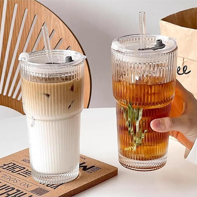 Ribbed Drinking Glasses ,with Lids and Glass Straws Glass Cup,19oz Glass cup,6 Pack Old Fashioned Glasses,Thickened glass for iced coffees,cocktails and juices, perfect for families and parties (2)