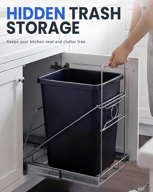 Pull Out Trash Can Under Cabinet Adjustable Trash Can Holder for 7 to 11 Gallon Bin Bottom Mount Slide Out Trash Rack for Narrow Cabinets(Silver, No Bin Included)