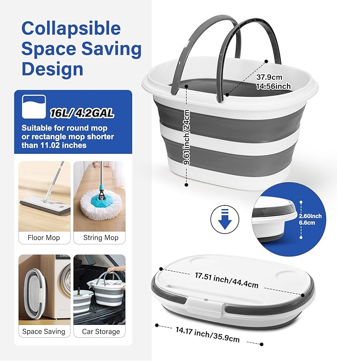 Collapsible Bucket, Upgraded 16L (4.2 Gallon) Collapsible Mop Bucket with Multi-Functional Lid, Foldable Portable Bucket Camping Beach Sand Pool Boat Fishing-Water Pot Pail-Space Saving Square