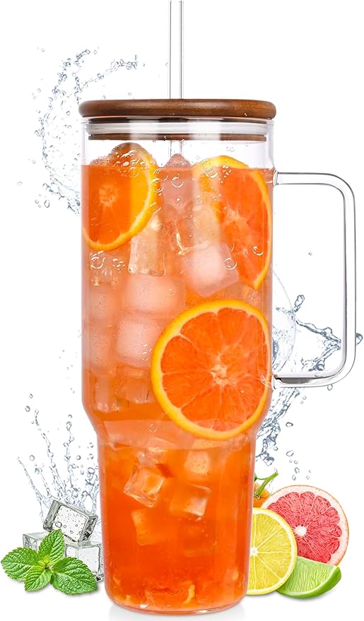 49oz Glass Tumbler with Acacia Wood Lid & Dual Straws, Large Cup with Handle and Straws Glasses Water Bottle Mason Jar Wide Mouth Iced Coffee Cups Travel Mug for Water,Juice,Smoothie,Bubble Tea,Soda