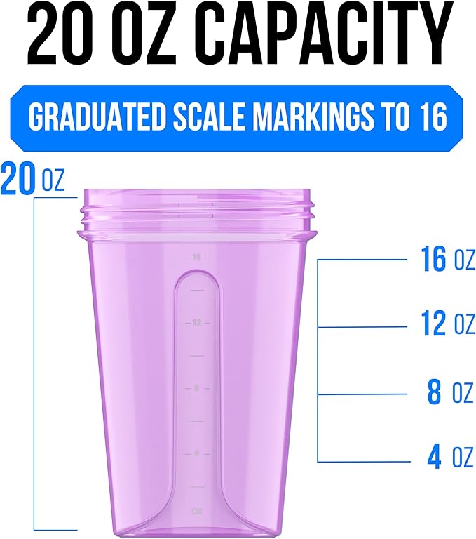 VELOMIX -4 PACK- 20 oz Protein Shaker Bottle for Protein Mixes - 4x Wire Whisk | Leak Proof Shaker Cups for Protein Shakes | Stackable Protein Shaker Bottle Pack | Dishwasher Safe (Purple Bloom)