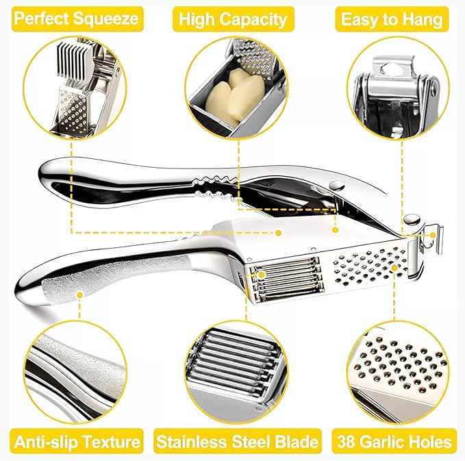 Garlic Press and Slicer 2 in 1, Rust Proof & Dishwasher Safe Professional Garlic Mincer Tool, Effortlessly Crush and Mince Garlic with this Ergonomic Handle-Garlic Slicer & Brush ANCQMI(Silver)