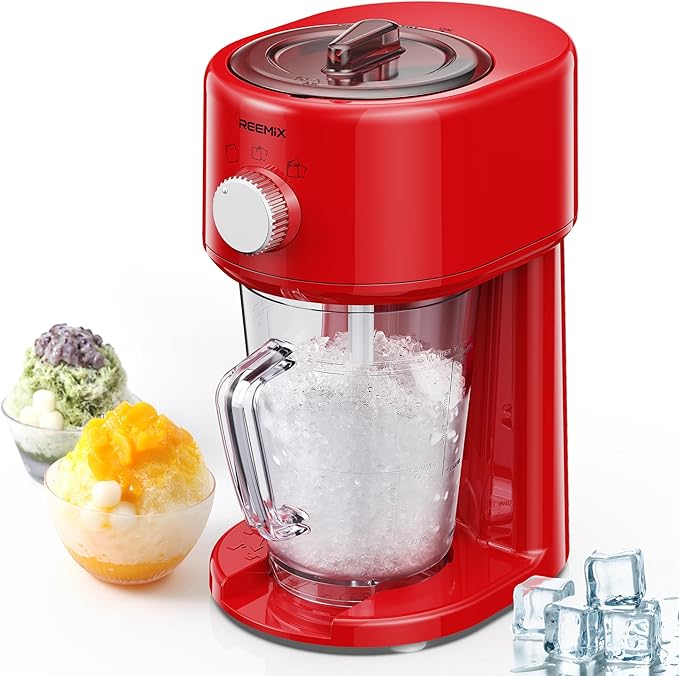 Reemix Shaved Ice Machine, Electric Ice Shaver and Snow Cone Machine with Large Capacity Storage, Portable Ice Crusher Ice Thickness Can be Adjusted (Red)