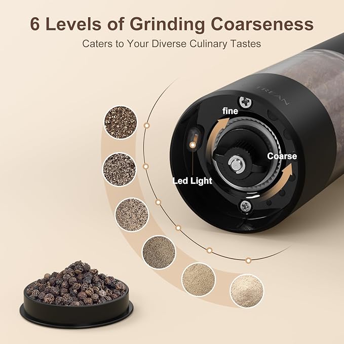 Ultrean Pepper Grinder, Rechargeable Salt and Pepper Grinder with 6 Adjustable Coarseness, LED Light, Automatic Grinder for Kitchen, Home and Kitchen Appliances Birthday Gifts for Women, Black