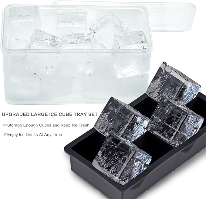 Bangp Silicone Ice Cube Tray with Bin and Tongs,2 Pack Large Silicone Ice Cube Molds,Large Square Ice Cube Trays Making 16 Whiskey Ice Cubes for Cocktails,Bourbon,BPA-Free,Easy to Fill & Release
