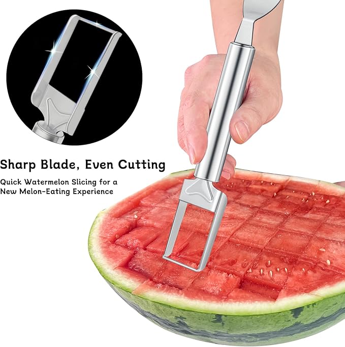 2-in-1 Watermelon Slicer & Fork – Stainless Steel Fruit Cutter Tool for Watermelon, Mango, Pitaya – Portable for Camping, Picnics, Home, Parties – Effortless Cubes & No Mess - 4 PCS