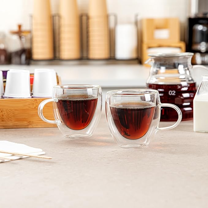 Restaurantware Coffee Cup 12 Pack of 5 oz Insulated Double-Wall with Handle Glass Borosilicate Coffee Cup Espresso Shot Dishwasher Safe For Hot Drinks