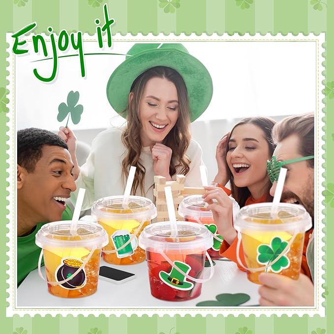 Funnymoom 30 Set St. Patrick's Day Cups 24oz Clear Plastic Rum Buckets with Lids Straws & Shamrock Stickers Disposable Pot of Gold Treat Pails Irish Green Party Favors for Adults Pub Crawl