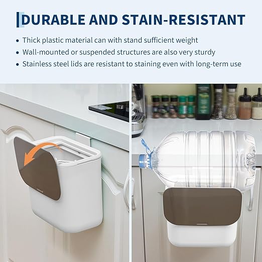 1.8 Gallon/7L Hanging Trash Can, with Stainless Steel Lid, Under Sink Compost Bin for Kitchen Cabinet Door, Garbage Can with Hanging Hook,Food Waste Bin for Kitchen, Bedroom, RV, Bathroom, White