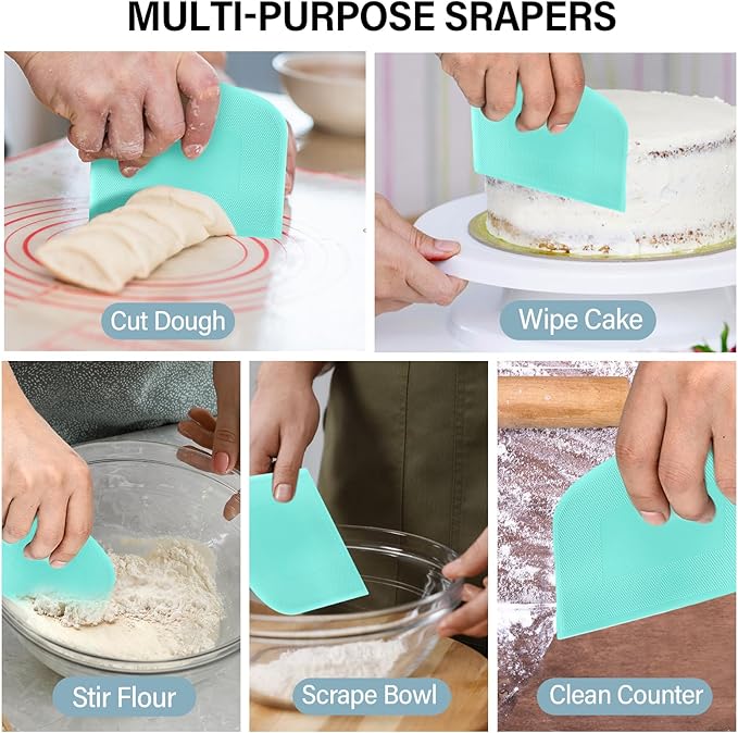 Ecavria Bench Scraper, Premium Stainless Steel Dough Scraper with 2 PCS Flexible Bowl Scraper, Dough Cutter with Measuring Scale, Versatile Kitchen Scraper Set for Pastry Bread Pizza Cake