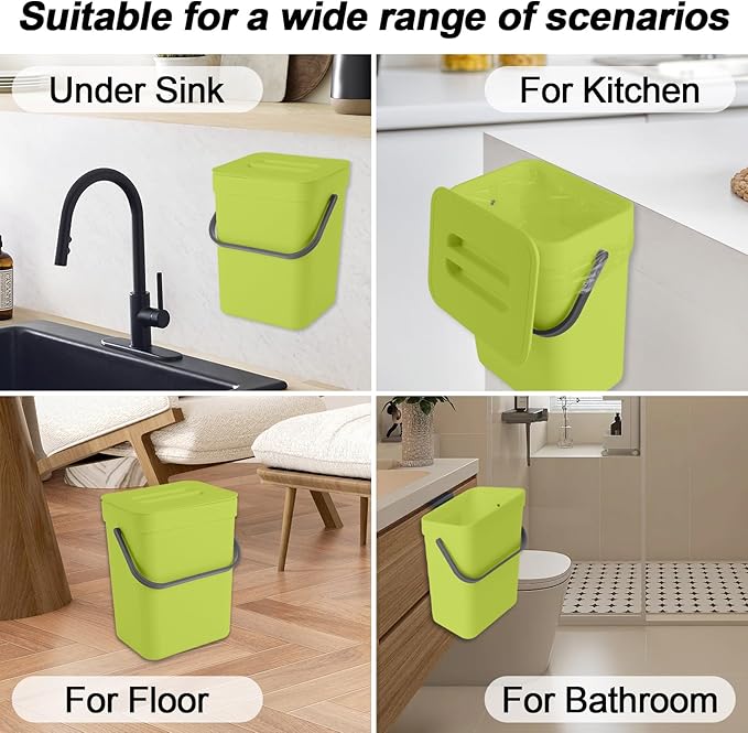 Compost Bin Kitchen, Includes 100 Trash Bags, Hanging Trash Can with Lid, Features Pet-Proof, Odor-Proof, and Quiet Opening/Closing. Suitable for Bathrooms/Bedrooms/Offices (Green, 1.3Gal/5L)