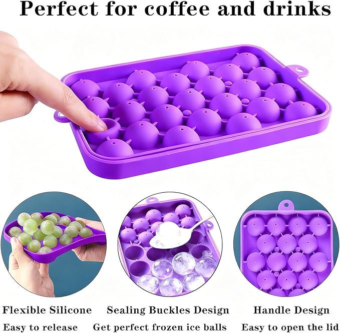Ice Cube Tray Easy Release Flexible Silicone Round Ice Sphere Tray with Removable Lids Reusable 25 Mini Stackable Ice Ball Maker Mold for Chilling Whiskey Cocktail Coffee, BPA Free