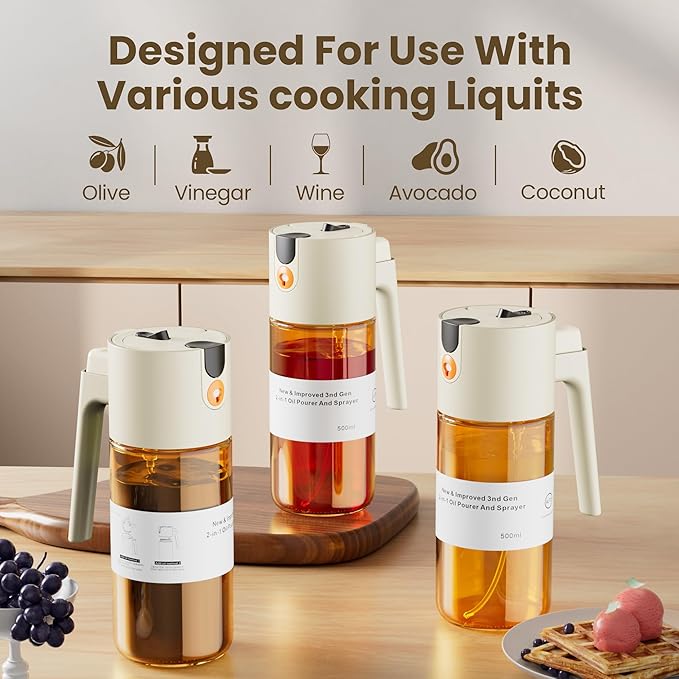 LAKUMIQI 2 in 1 Oil Sprayer for Cooking, 17oz Light-Blocking Glass Spray Bottle with Stickers, Oil Dispenser for Salad, Air Fryer & BBQ