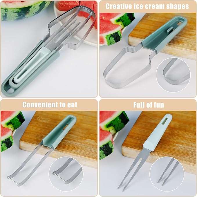 3-in-1 Watermelon Cutter Slicer Tool, Stainless Steel Watermelon Cutter, Popsicle Mold Watermelon Slicer, Watermelon Fork Slicer Cutter, Portability Fruit Fork for Camping Kitchen Gadgets (Green)