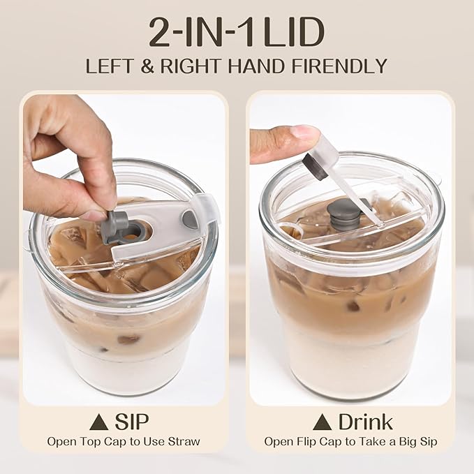 AUFXKOO13oz Glass Tumbler with Straw and Lid，2 Pack Iced Coffee Cups with lids Reusable,Glass to go Coffee Cup,Glass Cups with Lids for Drinking Matcha, Coffee, and Juice.