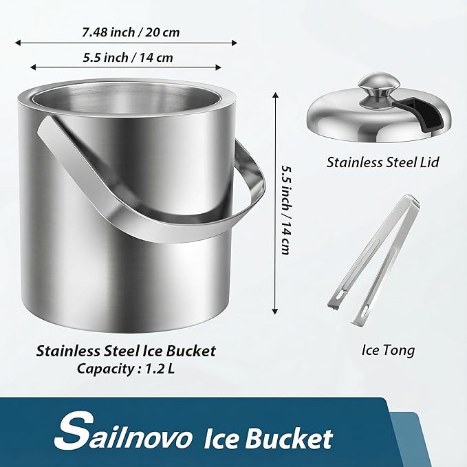 Sailnovo Mini Ice Bucket 1.2 Liter, Premium Compact Double-Wall Stainless Steel with Lid & Ice Tong, Ideal for Cocktails, Personal Bar, Small Parties - Silver