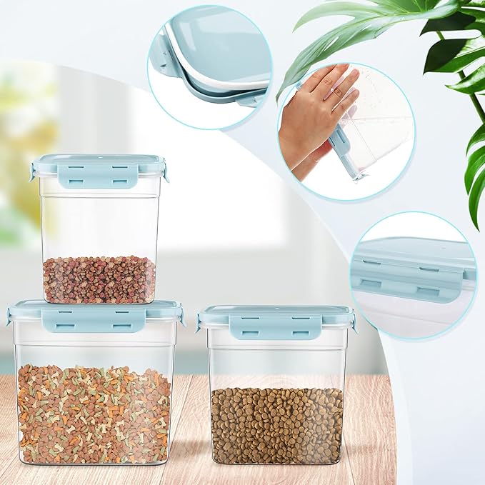 Patelai 6 Pcs Dog and Cat Food Storage Containers with Scoops Set Plastic Pet Food Storage Containers Stackable Airtight Dry for Kitchen 1.27 Qt, 2.4 Qt, 4 Qt(Blue)