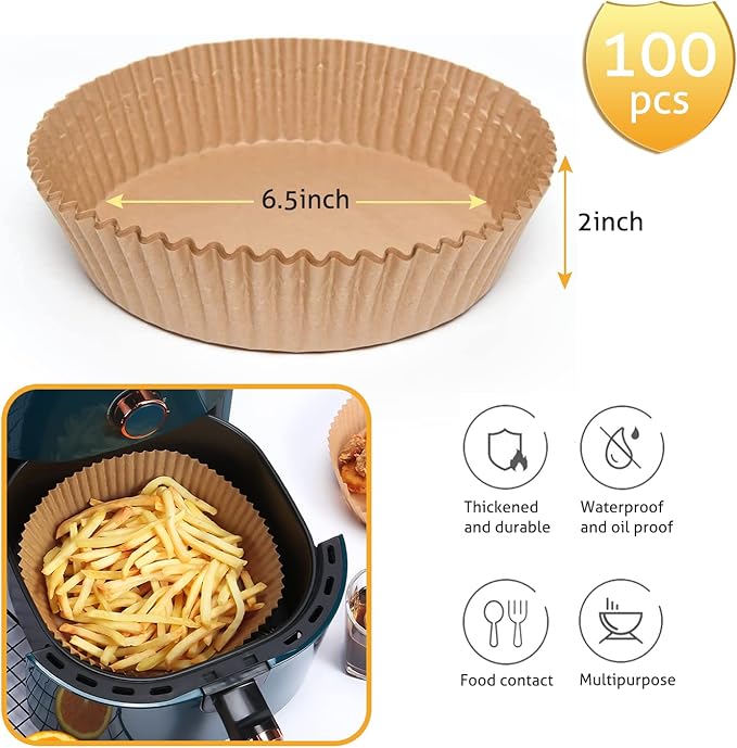 Ailun Air Fryer Paper Liners 6.5inch, 100PCS Non-Stick Parchment Paper,Oil Resistant,Disposable Food Grade Free of Bleach Paper Round for 2-5 QT Air Fryer Baking Roasting Microwave