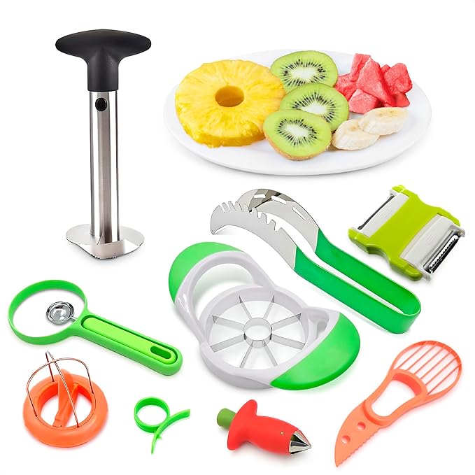 9 Pcs Pineapple Corer and Slicer Set – Sturdy, Sharp & Easy to Clean Pineapple Slicer Tool with Fruit Corer, Slicers and Peelers – Works for Apples, Melons, Avocados, Citrus, Berries, Bananas & More