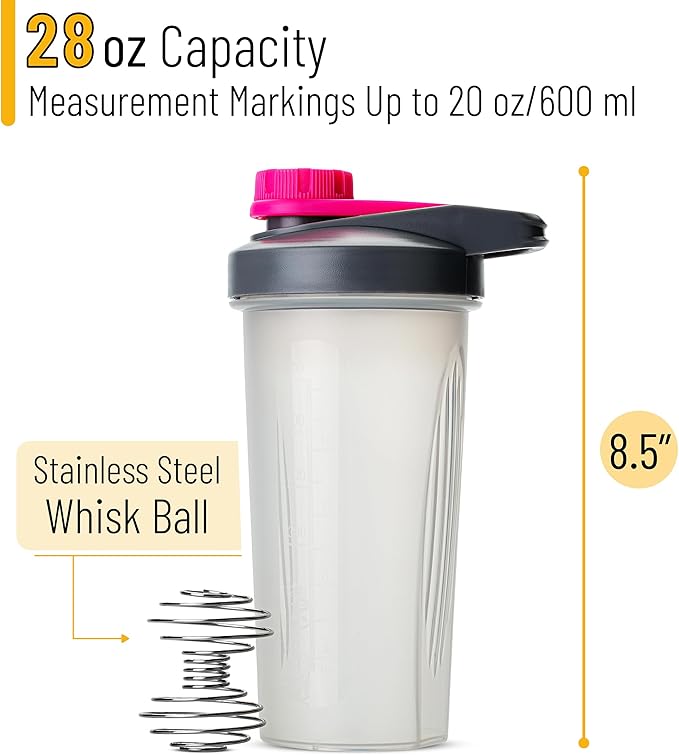 Mr. Pen Shaker Bottles for Protein Mixes - 28 oz, Gray & Pink Protein Shaker with Wire Whisk Ball