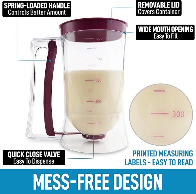 Zulay Kitchen 4 Cup Pancake Batter Dispenser With Squeeze Handle - Pancake Dispenser For Batter With Measuring Label - Pancake Batter Mixer Dispenser Bottle For Cupcakes, Crepes, Waffles & More
