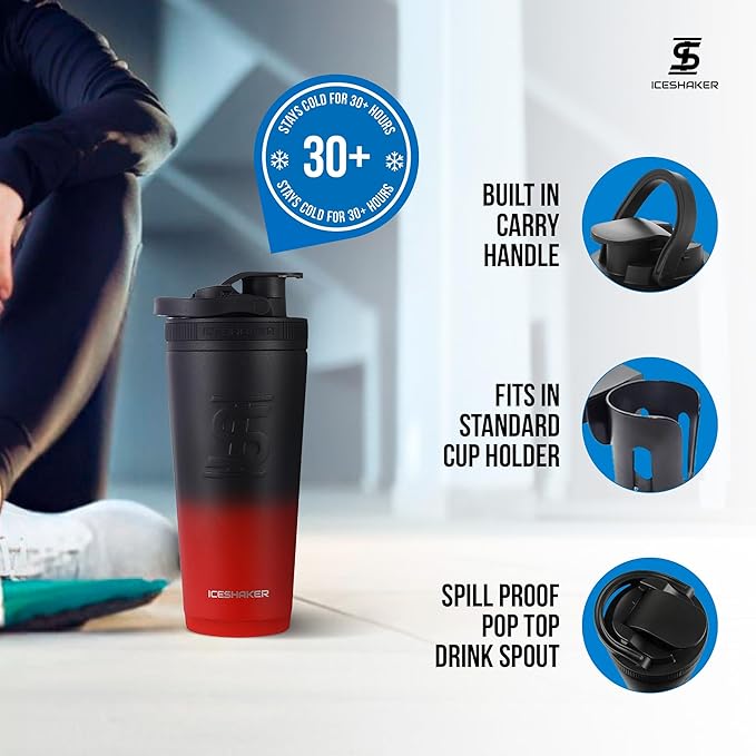 Ice Shaker Insulated Stainless Steel Shaker Bottle | 26oz, Red/black | Cold for 30+ Hours | Insulated Cup with Twist-on Agitator | Odor-Free Bottle for Protein Shakes, Water, Smoothies, Cocktails