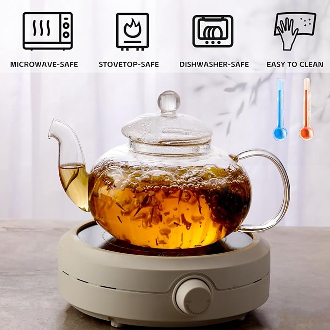 Glass Teapot Set, 34OZ/1000ML Glass Tea Kettle with Loose Tea Infuser & Warmer, 5oz/150ML Tea Cup & Saucer Set of 4, Stovetop & Microwave Safe Tea Maker, Blooming Tea Gift Set For Women