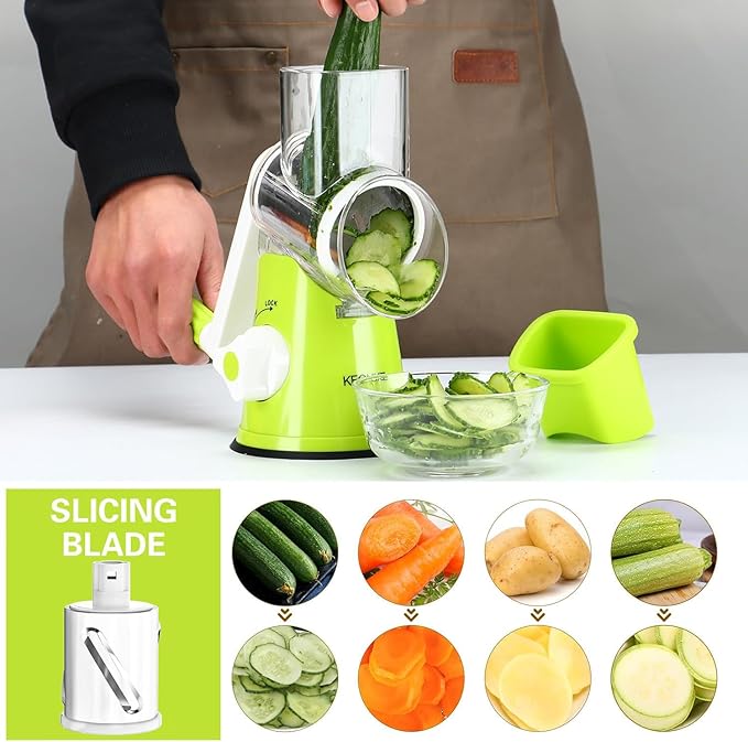 Cambom Rotary Cheese Grater Hand Crank Cheese Shredder for Fresh Cheese, Vegetable, Nuts,Non-slip Suction Base, Free Cleaning Brush Three Blades, Green