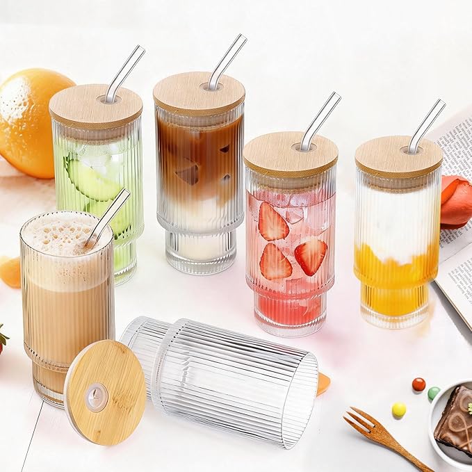 16oz Glass Cups with Lids & Straws,Glass Tumbler with Straw and Lid, Trendy Ribbed Design & Stackable for Iced Coffee/Cold Brew, Perfect for Home/Office by Coffee Lovers & Commuters (16OZ-6PACK)