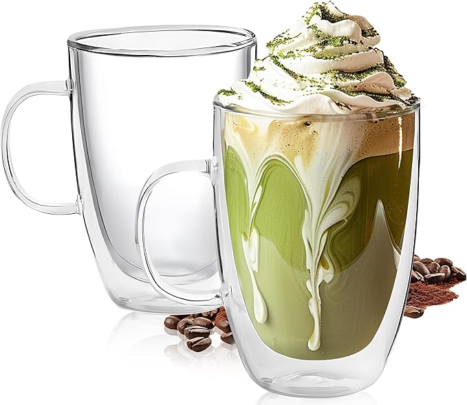 YMMIND Set of 2 Double Walled Glass Coffee Mugs 16 Ounces Insulated Layer Coffee Cups with Handle Borosilicate Glass Espresso Cup for Hot Beverage,Cappuccino,Tea,Latte,Wine,Microwave Safe