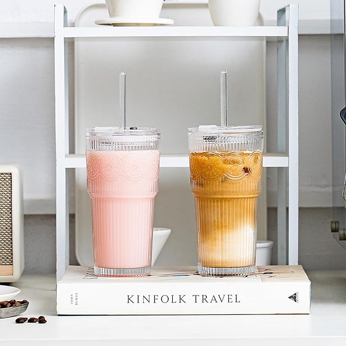 SoulTimes 20oz Ribbed & Floral Glass Tumbler Set of 4 – Reusable Glass Cups with Lid and Glass Straw, To-Go Iced Coffee Cups for Water, Smoothie, Milk, Cocktail & More – Perfect for Daily Use & Travel