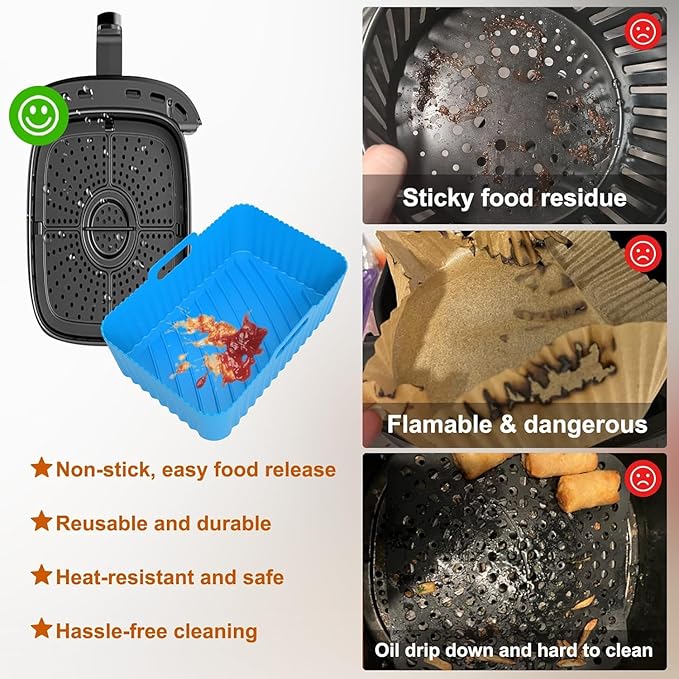 Silicone Air Fryer Liners Rectangle 2 Pack 8.0 Inch Airfryer Liners 8-10 QT Dual Air Fryer Liners Reusable Pot Oven Liner Baking Tray, Air Fryer Basket Silicone Mat Bowl Air Fryer Accessories Kitchen