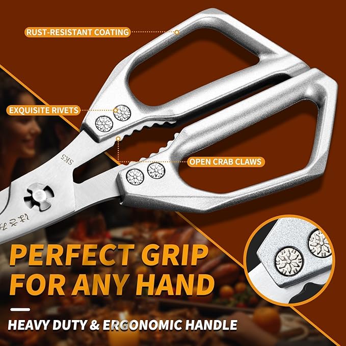 Huusk Seafood Scissors Silver - Stainless Steel Kitchen Shears Dishwasher Safe, Sharp Japanese-Style Kitchen Scissor for Crab, Shrimp, Lobster, Herbs and Food Prep, Christmas Gifts for Men Women