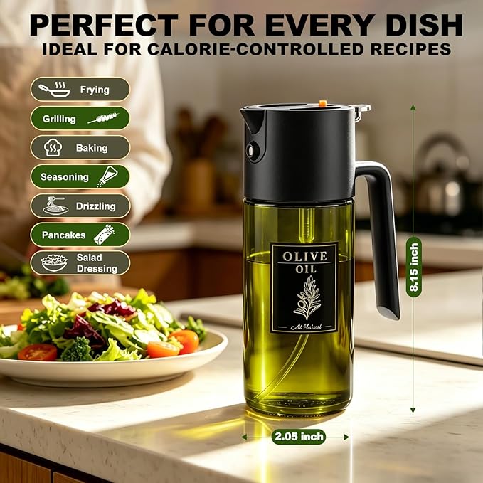 2-IN-1 500ml/17oz Light-Blocking Dark Oil Sprayer for Cooking with Sticker, Dark Green Glass Olive Oil Dispenser Bottle for Kitchen, Even Spray with Portion Control, Perfect for Air Fryer, BBQ - Black