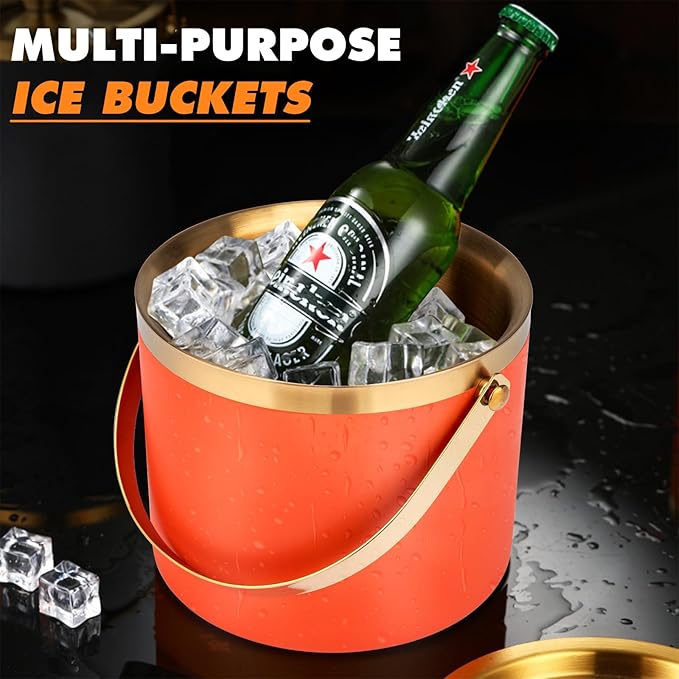 Ice Bucket, 3L Double-Wall Stainless Steel Insulated Ice Bucket With Lid and Ice-Tong, Ice-Buckets for Parties Home Bar, Chilling Beer, Champagne, Wine Bottle(Orange Gold)