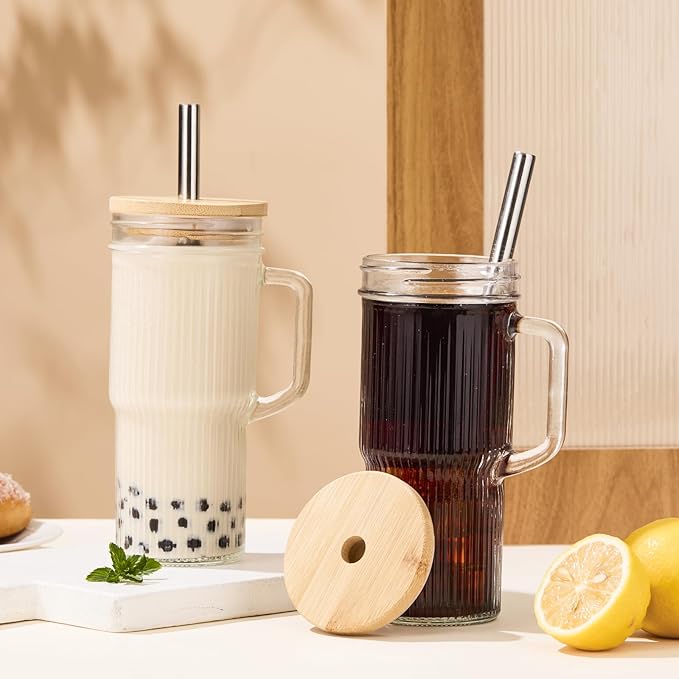 JunVpic 24oz Ribbed Glass Tumbler with Straw and Lid,Glass Cups with Handle,Stainless Steel Straws & Cleaning Brushes – Iced Coffee Cup for Smoothies, Tea, and Gifts, Set of 2