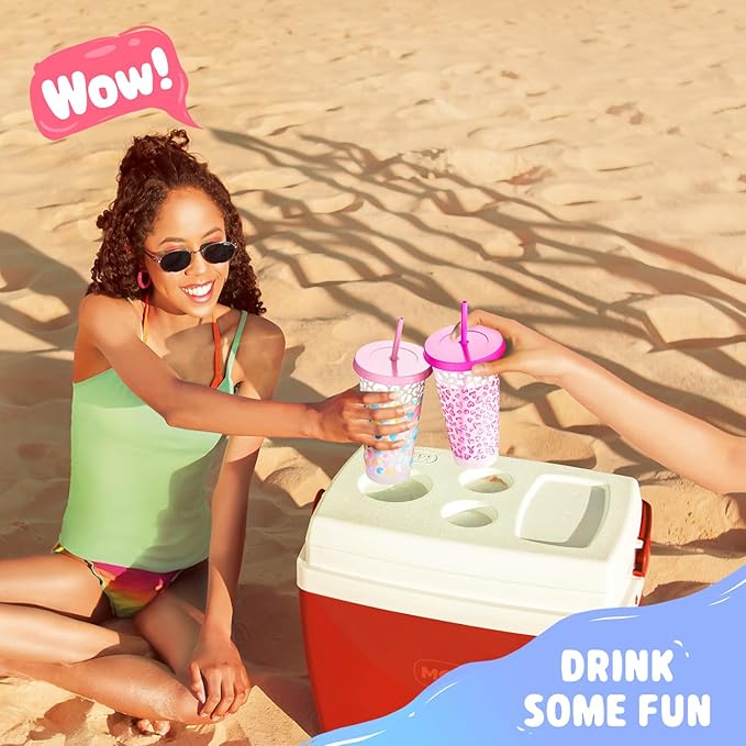 Meoky Plastic Cups with Lids and Straws - 12 Pack 24 oz Color Changing Cups, Iced Coffee Cups, Reusable Tumblers Bulk for Party, Car, Adults, Women, BPA-free (Solid & Patterned)