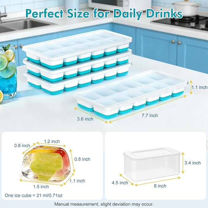 NFK Ice Cube Tray with Lid & Bin - 4 Pack 48 Cubes Stackable Silicone Trays for Freezer with Storage Container, Leak-Proof Lids, BPA-Free, Easy Release for Kitchen, RV, Party, Cocktail & Coffee
