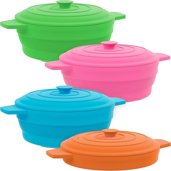 Bakerpan Silicone Microwave Egg Cooker, 4.75" x 1.75" Small Microwave Bowl with Lid, Mini Collapsible Silicone Egg Poacher, 1 1/2 Cup Capacity - Set of 4