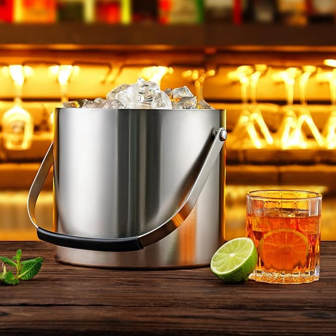 FrutPunch 4L Ice Bucket with Lid, Scoop, Tongs and Strainer, Double Wall Stainless Steel Ice Buckets for Parties, Cocktail Bar, Chilling Wine, Champagne, Large Outdoor Champagne Ice Container