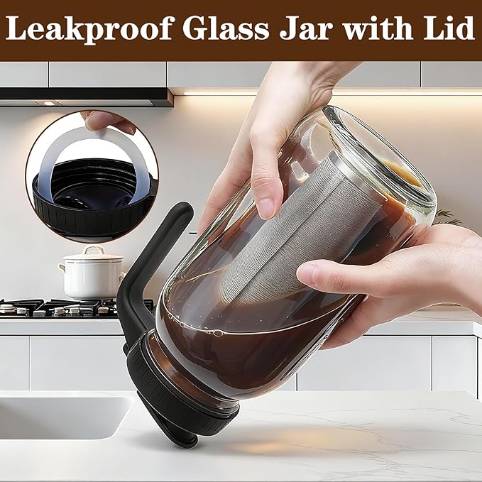 Cold Brew Coffee Maker, 64oz Mason Jar Pitcher with Airtight Lid and Stainless Steel Filter, 2 Quart Wide Mouth Glass Jar Cold Brew Coffee Kit Tea Infuser Pitcher, Coffee Lovers Gifts for Men/Women