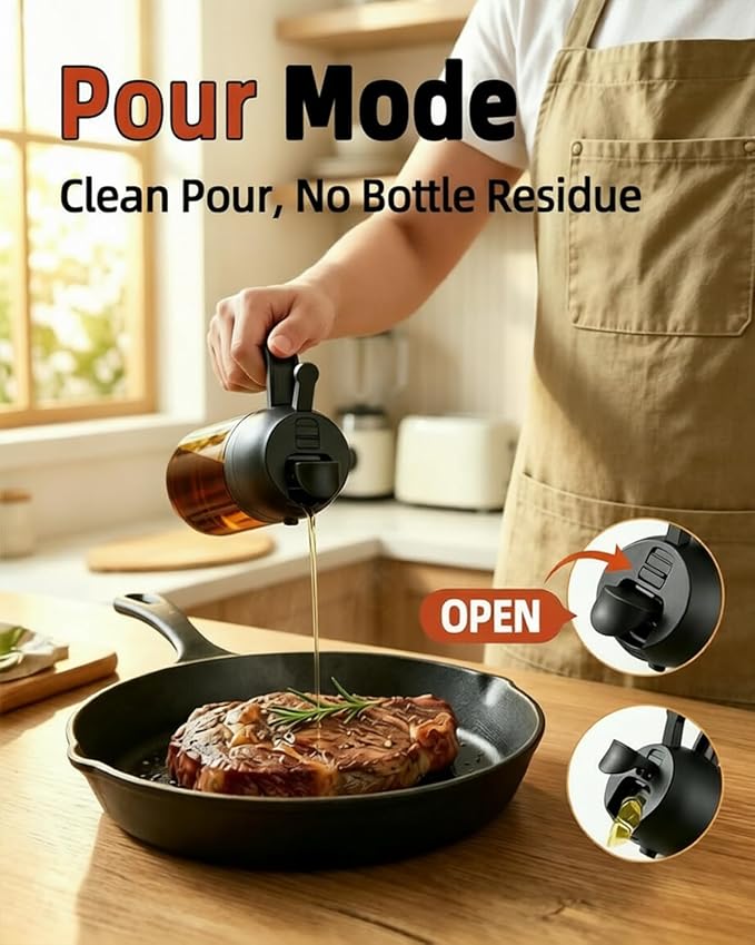16oz/470ml Oil Sprayer for Cooking, 2 in 1 Oil Dispenser for Kitchen, Olive Oil Sprayer, Food Grade Glass Bottle for Kitchen Gadgets, Air Fryer Accessories, Salad, BBQ (Black)