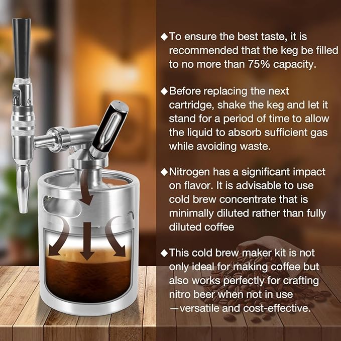 Nitro Cold Brew Coffee Maker, 64oz SS Mini Keg Cold Brew Maker, Nitro Coffee Machine System with Pressure Relief Valve & Stout Creamer Faucet Nitro Keg Coffee Growler for Homebrewing