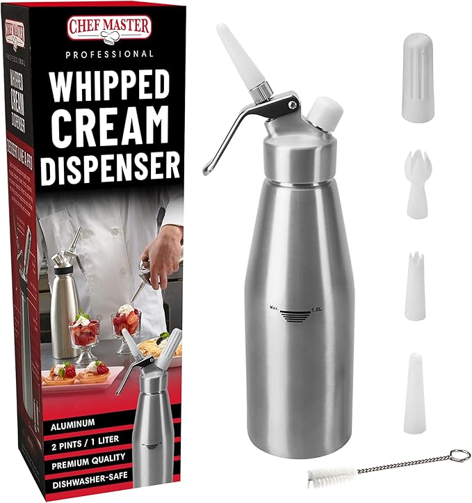 Chef Master (2 Pint / 1 Liter) Aluminum Whipped Cream Dispenser - Decorating Tips for Desserts, Coffee, Latte + Cleaning Brush - Whip Cream Dispenser Canister for Home, Bakery or Restaurant - 90077