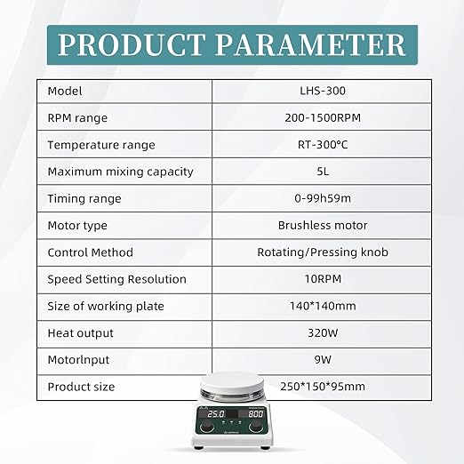 LHS-300 Magnetic Stirrer Hot Plate with Probe - 5L Capacity, 300°C, 200-1500 RPM, 5.5" Hotplate