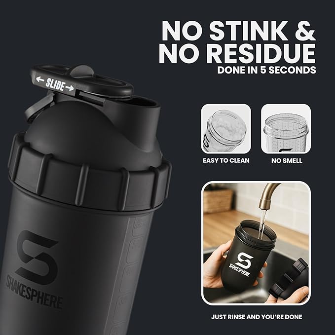 SHAKESPHERE Shaker Bottle - 24oz Leak Proof Protein Shaker Bottle for Pre Workout, Smoothie, and Powder Drink Mixes, No-Blade Mixer for Gym, BPA-Free, Easy Clean & Easy to Carry (Matte Black)