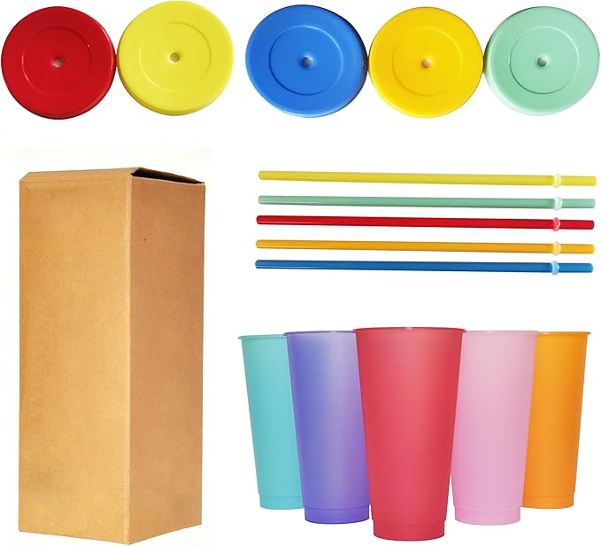 Color Changing Cups, 5 Pack 24oz Plastic Tumblers, Reusable Iced Coffee & Smoothie Cups with Lids and Straws for Parties and Travel