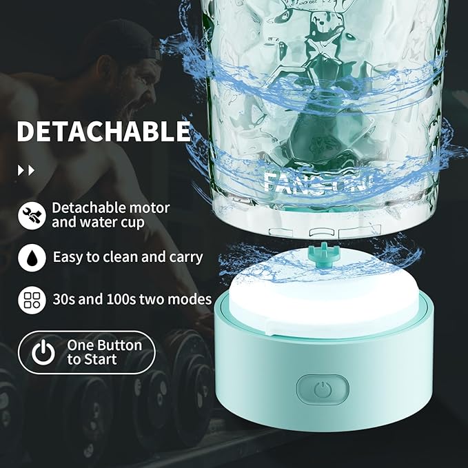 FANS-ONE Electric Shaker Bottle, 24oz Lockable Blender Cup Electric Protein Shaker Bottles, Tritan USB C Rechargeable Mixer, Portable Shaker Cups for Protein Shakes for Men Women, Water Blue