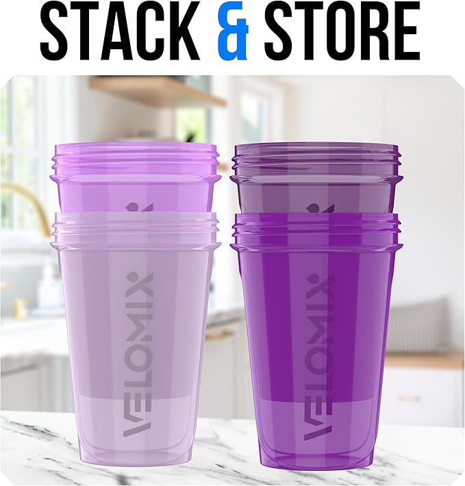 VELOMIX -4 PACK- 20 oz Protein Shaker Bottle for Protein Mixes - 4x Wire Whisk | Leak Proof Shaker Cups for Protein Shakes | Stackable Protein Shaker Bottle Pack | Dishwasher Safe (Purple Bloom)