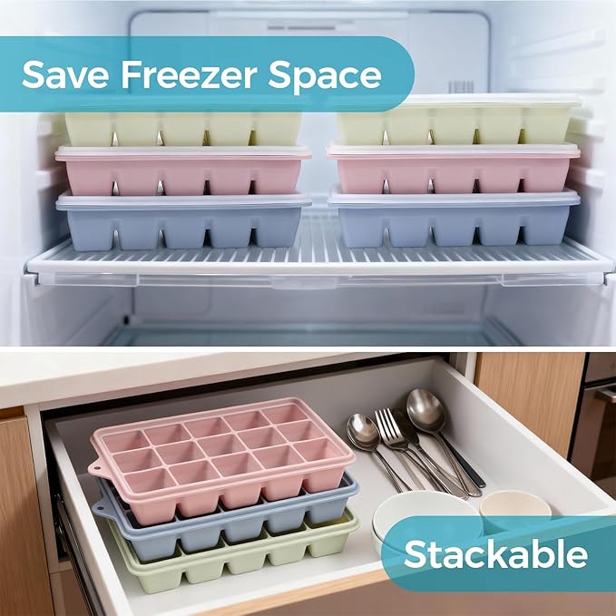 Silicone Ice Cube Trays with Lids 3-Pack, 15-Cavity Ice Tray Set for Freezer, Easy-Release BPA-free Ice Cube Mold for Whiskey, Coffee, Cocktails and More (3, Green+Blue+Pink)
